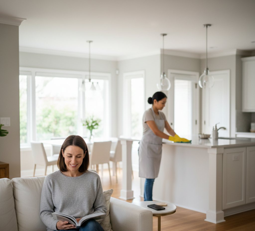 Cleaner preparing a bright kitchen for a home cleaning