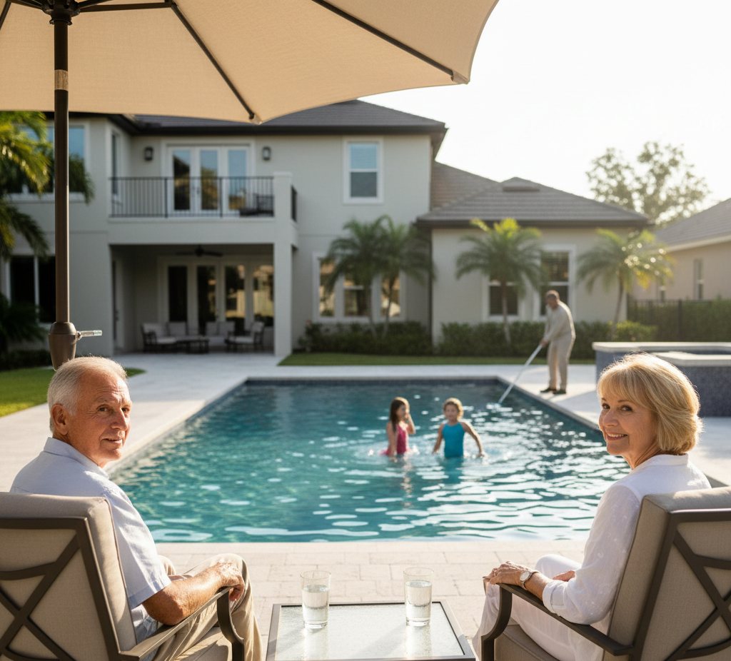 Pool care professional servicing a backyard pool