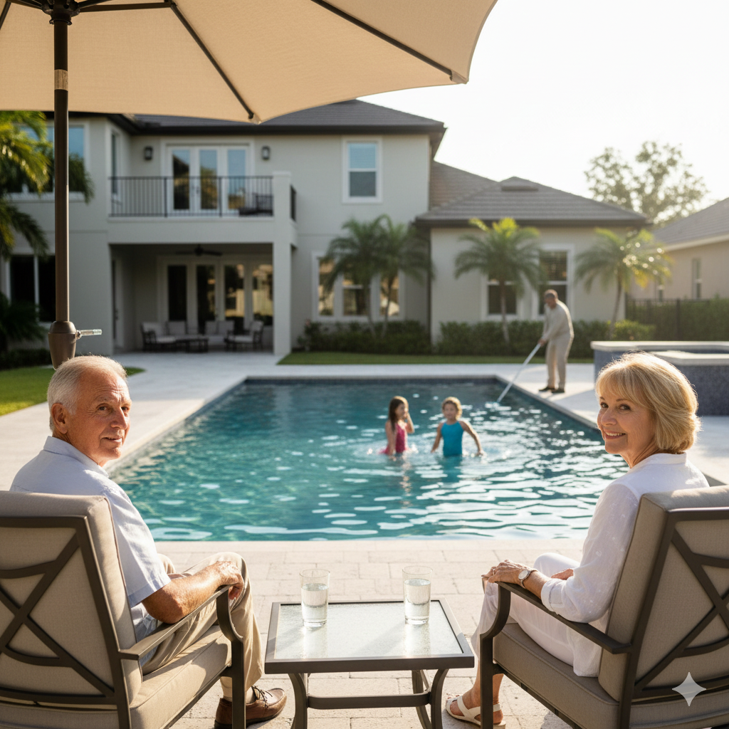 Pool care professional servicing a backyard pool