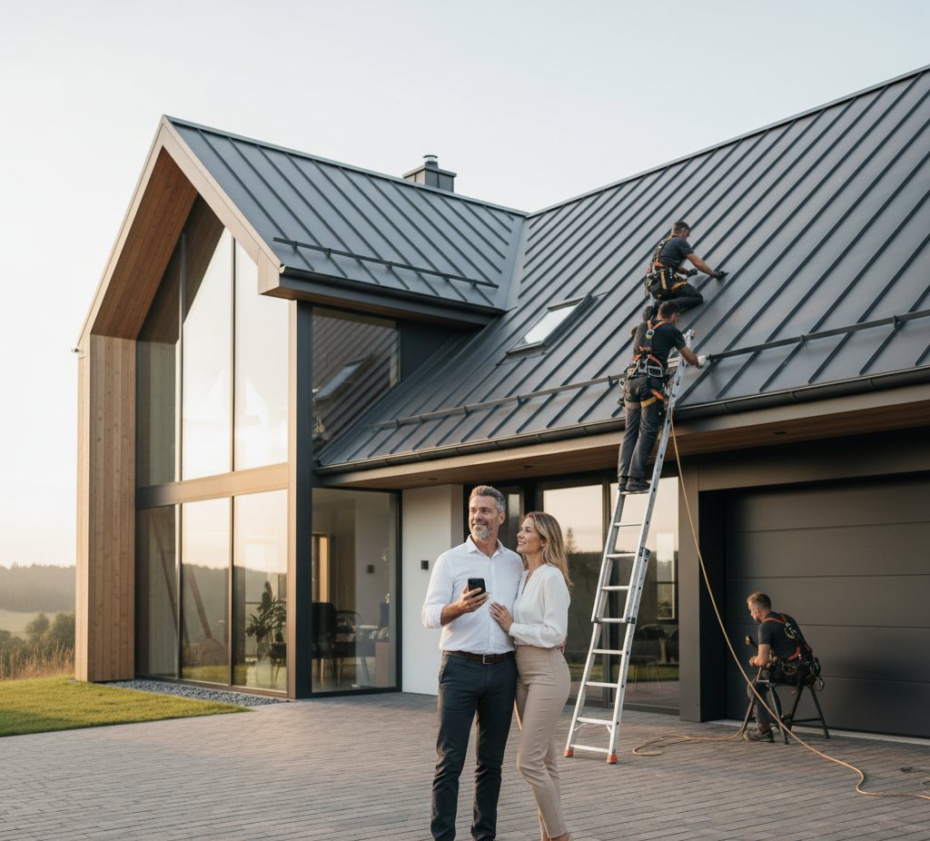 Roofing professional working on a residential roof