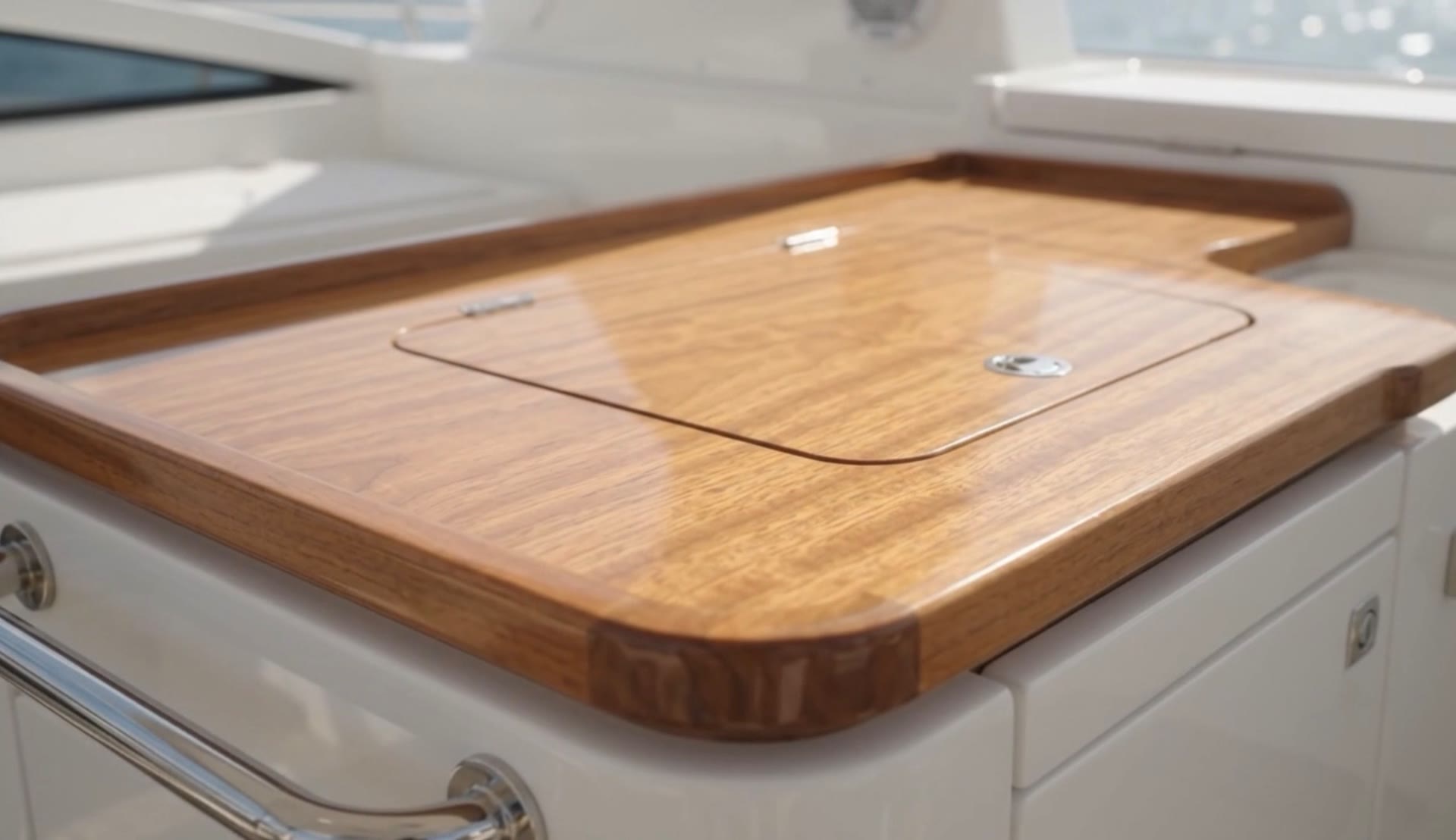 Finished yacht countertop with an integrated hatch